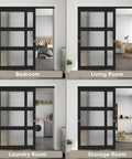 Sliding Closet Door Set With Frosted Glass, 72 Inch Wide By 80 Inch High, Double 37 Inch Panels in various room settings.