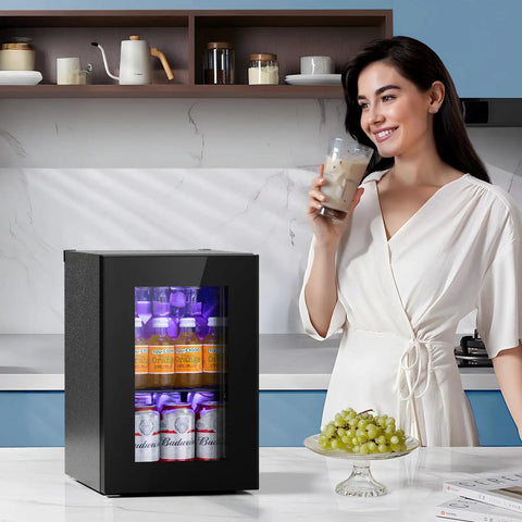 Compact 18L Beverage Cooler Fridge Keeps Drinks Ice Cold, 24 Can Mini Fridge With Quiet Compressor, in kitchen setting.
