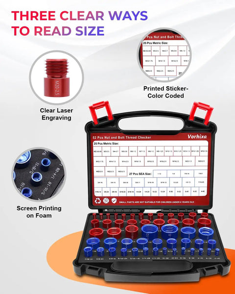 52 Piece Thread Checker Kit with 27 SAE and 25 Metric Gauges nut and bolt thread gauge in open carrying case