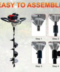 Forty Three CC Gas Earth Auger Powerhead With 8 Inch Auger Bit for Post Holes EPA Compliant showing assembly steps