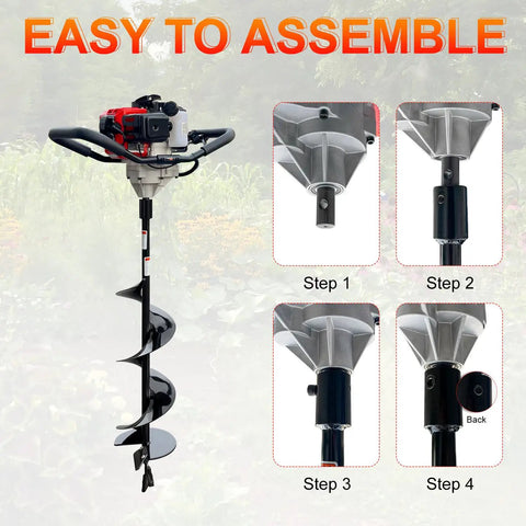 Forty Three CC Gas Earth Auger Powerhead With 8 Inch Auger Bit for Post Holes EPA Compliant showing assembly steps