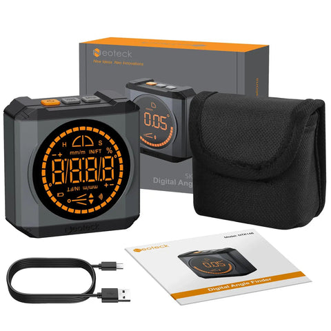 Heavy Duty Digital Angle Finder With LED Rechargeable Power And Slick Magnetic Base For Dead On Accuracy Measuring IP54 Waterproof Protractor Bevel Gauge For Woodworking And Home Renovation Crew with USB cable and carrying case.