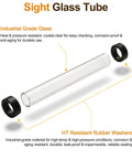 8 Inch Steam Boiler Sight Glass Tube With Clear Water Level Gauge Five Eighths Inch Outer Diameter And Three Eighths Inch Inner Diameter Includes Two High Temp Rubber Washers For A No Nonsense Leak-Proof Brass Fittings And Reliable Level Reading, angled view showing industrial-grade glass and two washers