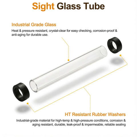 8 Inch Steam Boiler Sight Glass Tube With Clear Water Level Gauge Five Eighths Inch Outer Diameter And Three Eighths Inch Inner Diameter Includes Two High Temp Rubber Washers For A No Nonsense Leak-Proof Brass Fittings And Reliable Level Reading, angled view showing industrial-grade glass and two washers