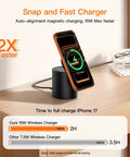 Foldable 3 In 1 Wireless Charging Station With MagSafe Stand For iPhone 12 Through 16 Series AirPods Pro And Watch Ultra Series Fast Magnetic Wireless Charger Dock Black Desk Or Nightstand shown on a desk with a charging phone.