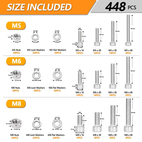 Beefy Heavy Duty 448 Pcs Metric Hex Bolt And Nut Assortment Set M5 M6 M8 Stainless Steel With Flat And Lock Washers Includes Sizes