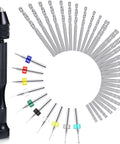 57-piece Mudder micro hand drill bit set with pin vise; black handheld drill beside a circle of silver bits with color-coded collars