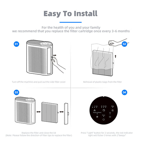 Instruction manual for installing MK04 Air Filter For Dust Pet Dander Smoke And Pollen In Bedroom And Office Two Pack