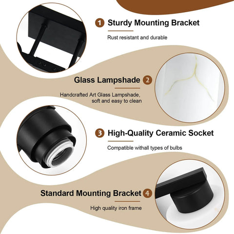 Components of the Five Light Modern Vanity Light Fixture In Black Metal With White Marble Glass E26 Base Sleek Minimalist Bathroom Vanity Wall Lamp For Mirror And Cabinet Living Room Bedroom Porch Or Hallway Dope Lighting Upgrade