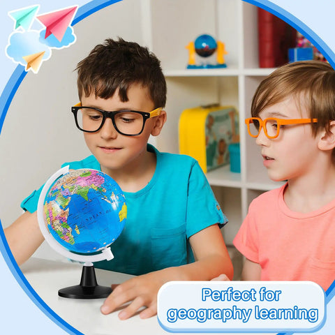 Two kids studying a Six 3.4 Inch World Globes Set For Kids And Adults Educational Mini Desk Globes With White Stands Rotating World Map.