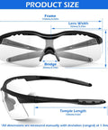 Six Pack Anti Fog Safety Glasses With Clear Lenses ANSI Z87 showing frame, bridge, and temple measurements