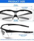 Front view of black-frame safety glasses with clear lenses; measurement diagram shows frame width and lens height.