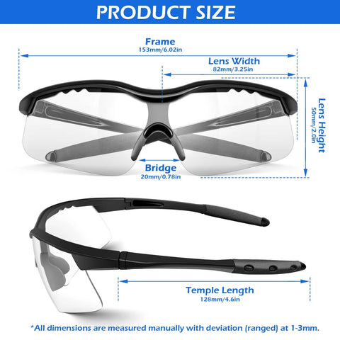 Front view of black-frame safety glasses with clear lenses; measurement diagram shows frame width and lens height.