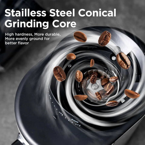 Straight Up Smooth Electric Conical Burr Coffee Grinder Sporting 30 Precision Adjustments showing stainless steel grinding core with coffee beans.