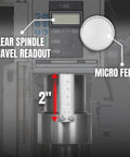 Rock Solid Benchtop Mini Mill Drill Machine Featuring A Peppy 1.5 HP Brushless Motor R8 Spindle And Smooth Variable Speed Settings For Precision Metalworking Projects Around The Garage Without Breakin A Sweat showing clear spindle travel readout and micro feed adjustment.