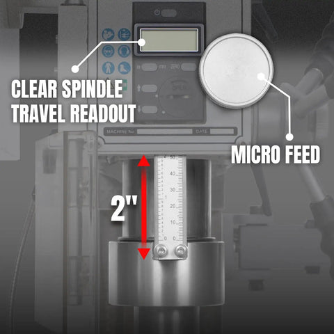 Rock Solid Benchtop Mini Mill Drill Machine Featuring A Peppy 1.5 HP Brushless Motor R8 Spindle And Smooth Variable Speed Settings For Precision Metalworking Projects Around The Garage Without Breakin A Sweat showing clear spindle travel readout and micro feed adjustment.