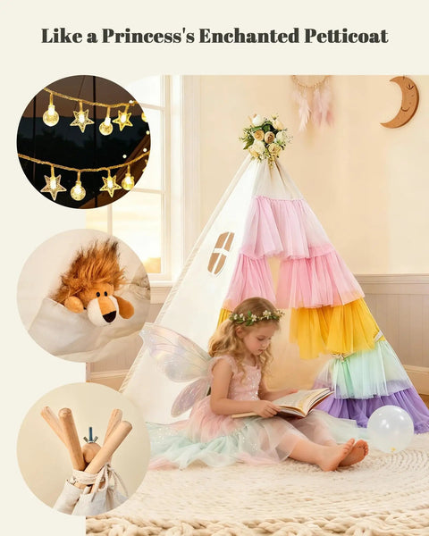 Kids Teepee Tent Indoor Playhouse With Star Lights And Rainbow Gauze Tulle, girl reading, princess theme, pastel colors, cozy setup.
