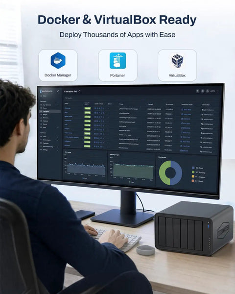 User working on a computer with a Kickass Five Bay Network Attached Storage Rig Built With Snappy Intel Core I3 Processor And Bountiful Eight Gigs Ddr5 Ram For Seamless Video Swapping And Lightning Fast Nvme Drives.