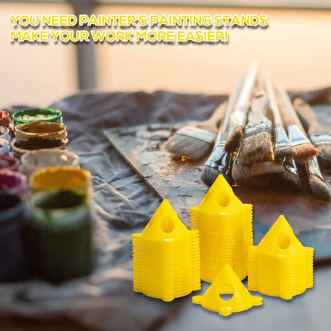 56 Pack Pyramid Painter Stands For Canvas And Doors Elevate Your Paint Projects With Mini Cone Stands next to paint brushes