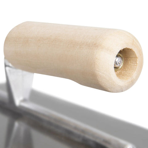 Close-up of wood handle on 1/8 Inch Square-Notch Wood Flooring Trowel With Wood Handle For Direct Glue-Down Parquet And Engineered Wood Adhesives