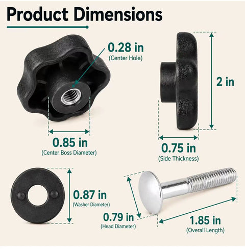 Premium Handle Knob And Screw Bolt Washer Replacement Kit 2 Pack For Toro Lawn Tractors, Direct OEM Fitment Compatible With Models 38583 Through 38515 To Keep Your Mower Rockin Smooth. product dimensions shown with knob, washer, and bolt