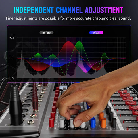 Hand adjusting Eight Channel DJ Mixer With Bluetooth And USB Interface For Pro Sound DSP showing independent channel adjustment