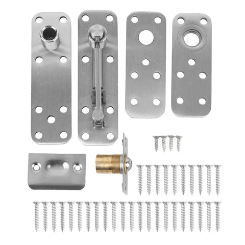 Components of Stainless Steel Door Hinge Kit With Hidden Pivot 360 Degree Brushed Finish Heavy Duty 600 Lbs Capacity Buffer Stopper