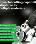Close-up of Titanium Drill Nibbler Attachment for beast mode fast sheet metal cutting and vinyl slitting in action on various metals.