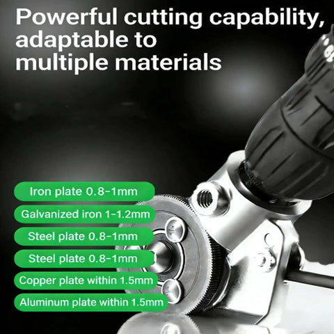 Close-up of Titanium Drill Nibbler Attachment for beast mode fast sheet metal cutting and vinyl slitting in action on various metals.