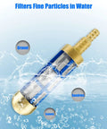 Pressure Washer Suction Strainer Filter For 3/4 Inch And 5/8 Inch Hoses, Brass Water Pickup Filter, shown filtering water particles.
