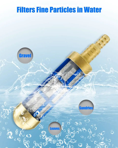 Pressure Washer Suction Strainer Filter For 3/4 Inch And 5/8 Inch Hoses, Brass Water Pickup Filter, shown filtering water particles.