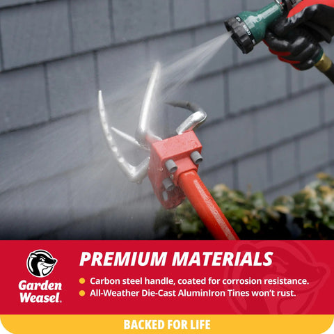 Claw Pro 3 In 1 Hand Tiller For Cultivating Loosening Aerating And Weeding with Adjustable Tines shown with water spray