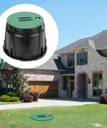 Two Pack 10 Inch Round Valve Box Cover Lids For Outdoor Sprinkler System Irrigation Control Water Line, shown in garden setting