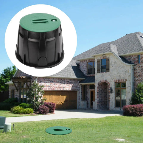 Two Pack 10 Inch Round Valve Box Cover Lids For Outdoor Sprinkler System Irrigation Control Water Line, shown in garden setting