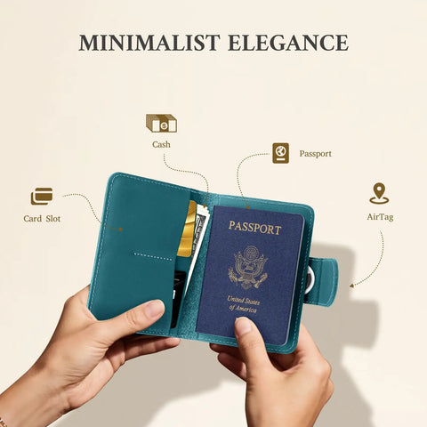 RFID Passport Holder Travel Wallet For Men And Women With Hidden AirTag Slot Genuine Leather Passport Cover open with passport inside