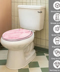 Toilet Seat Round Resin for Bathroom on a toilet with pink marble design, showcasing quiet closing and easy installation features.