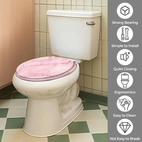 Toilet Seat Round Resin for Bathroom on a toilet with pink marble design, showcasing quiet closing and easy installation features.