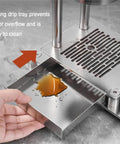 Sliding drip tray of Grab And Go Hand Pressed Portable Espresso Maker With Solid Wood Handle compatible with 58 Mm portafilter.