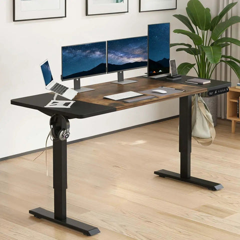 Mobility First Electric Standing Desk Height Adjustable Sit Stand Workstation With Mobile Casters Smooth Glide Ergonomic home office setup with dual monitors.