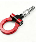 Hella Tough Screw On Front Bumper Tow Hook With Glossy Red Race Design D Ring for Heavy Duty Recovery. Close-up view.