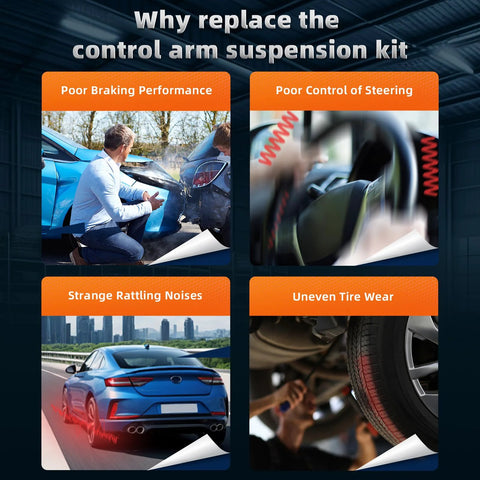 Infographic showing reasons to replace control arm suspension kit: poor braking, steering control, rattling noises, tire wear