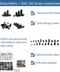 Powerhouse 830-Piece Set Screw Kit With 25 Sizes Metric And SAE Internal Hex Drive Cup Point Allen Screws, packaging view