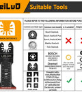 33 Piece Oscillating Tool Blades Set Hella Versatile Multi Tool Kit for Wood and Metal compatibility chart, showing blade types and tool models.