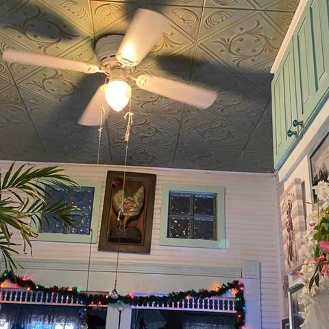 Room with ceiling fan and Diamond Wreath Foam Ceiling Tiles Glue Up Pack Of Eight 21.6 Sq Ft Case Antique Silver Easy Install Over Popcorn Ceilings Lightweight Insulation Paintable With Water Based Paint No Tools Required