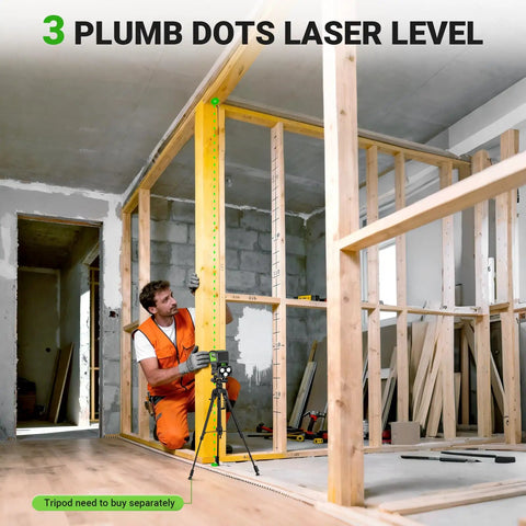 Three Point Self Leveling Laser Level With Plus Mode And 360 Degree Magnetic Base For Quick Plumb Dots Alignment, DIY Friendly And Pro Grade, 98-165 Ft Range, Includes 2 AA Batteries And Hard Carrying Case PL300G in use on wooden structure with worker