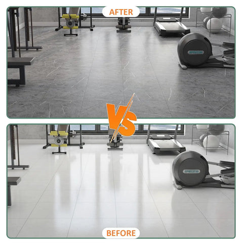 Gray Marble Look Peel And Stick Floor Tiles Self Adhesive Vinyl For Bathroom Or Bedroom Renovation Renter Friendly Waterproof DIY Cut 12 By 12 Inch 3 Pack installed in a gym room, showing a dark marble finish for a sleek update.