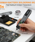 Sweet Cordless Soldering Iron Kit With 5 Second Heat Up held near circuit board, LED display showing 660°F, USB rechargeable