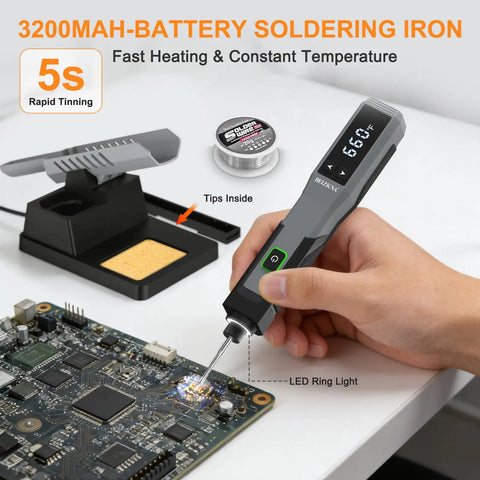 Sweet Cordless Soldering Iron Kit With 5 Second Heat Up held near circuit board, LED display showing 660°F, USB rechargeable