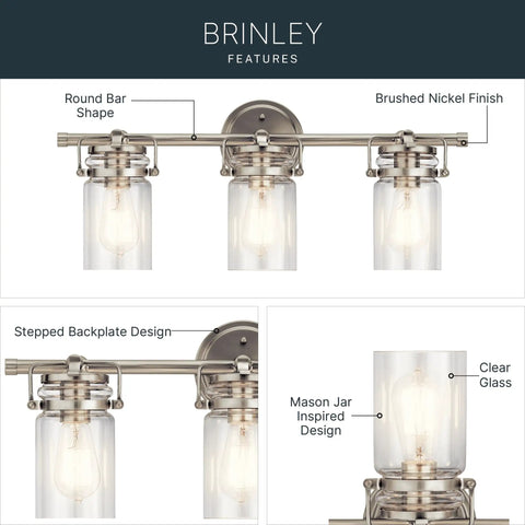Brinley 24-Inch Three-Light Vanity Light In Brushed Nickel With Clear Glass showing design features and finishes