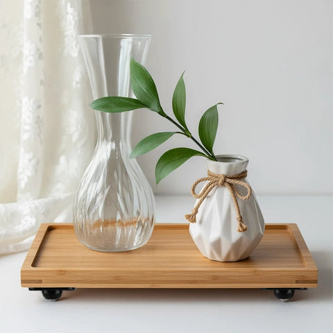 Glass and ceramic vases on tray with 16 Pcs Self Adhesive Mini Caster Wheels 360 Degree Swivel Ball Bearing Sliders underneath
